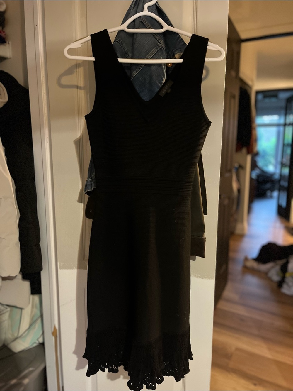 Guess Black V-Neck Sleeveless Knit Dress with Lace Trim